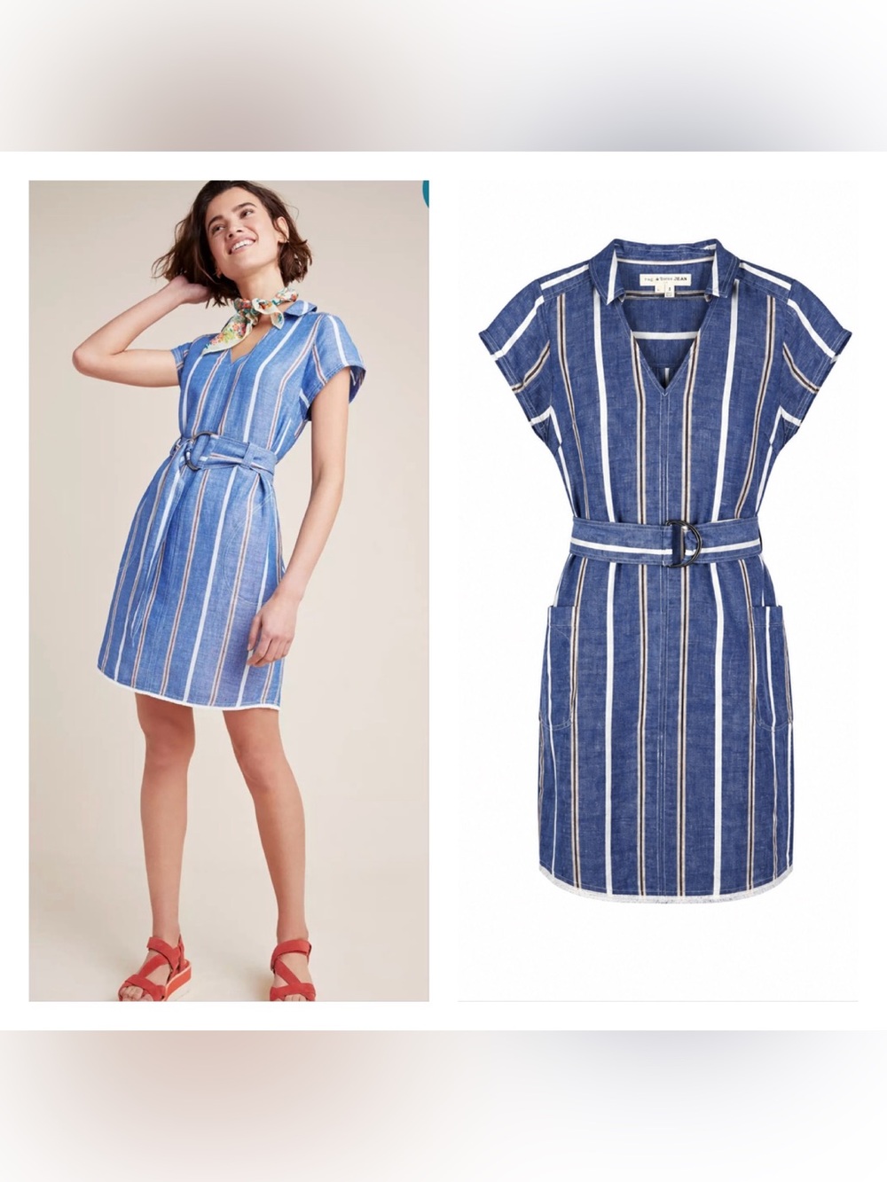 Anthropologie Blue and White Striped Belted Mini Dress